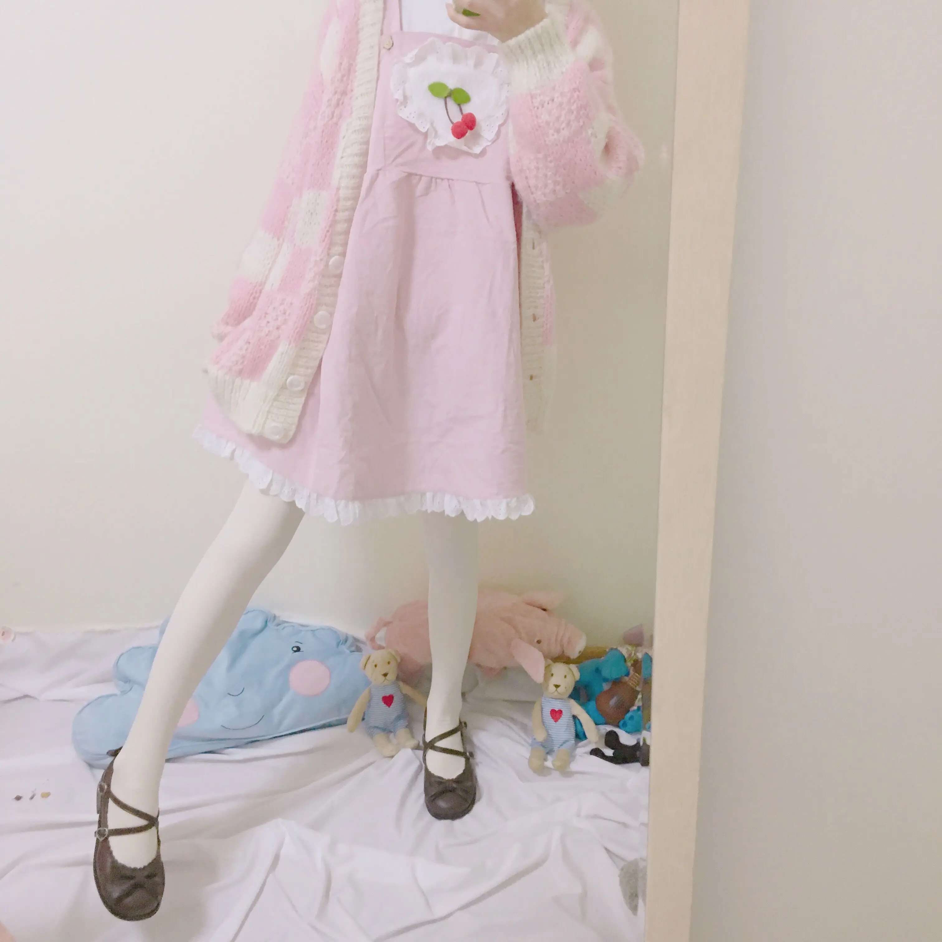 Лоскутное кружевное вязаное платье в стиле «лолита» с милыми вишневыми кисточками в стиле «лолита»; Японское студенческое платье на бретелях для девочек; корейский модный халат; свободные топы