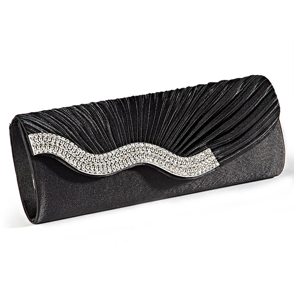 

2X Handbag Evening Bag Portfolio Type Baguette Fabric Satin Pleated with Edge Set with Rhinestone Black