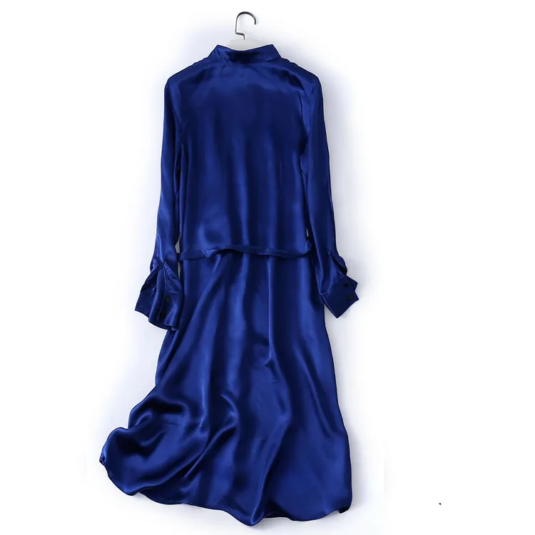 Женское Летнее шелковое платье, винтажное однотонное платье из натурального шелка, элегантное сапфировое платье, повседневное праздничное длинное платье-рубашка из натурального шелка