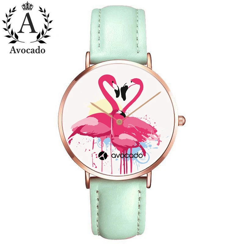 

Fashionable cartoon watches flamingo family pink green leather strap quartz watch for women female ladies girl clock gift kids