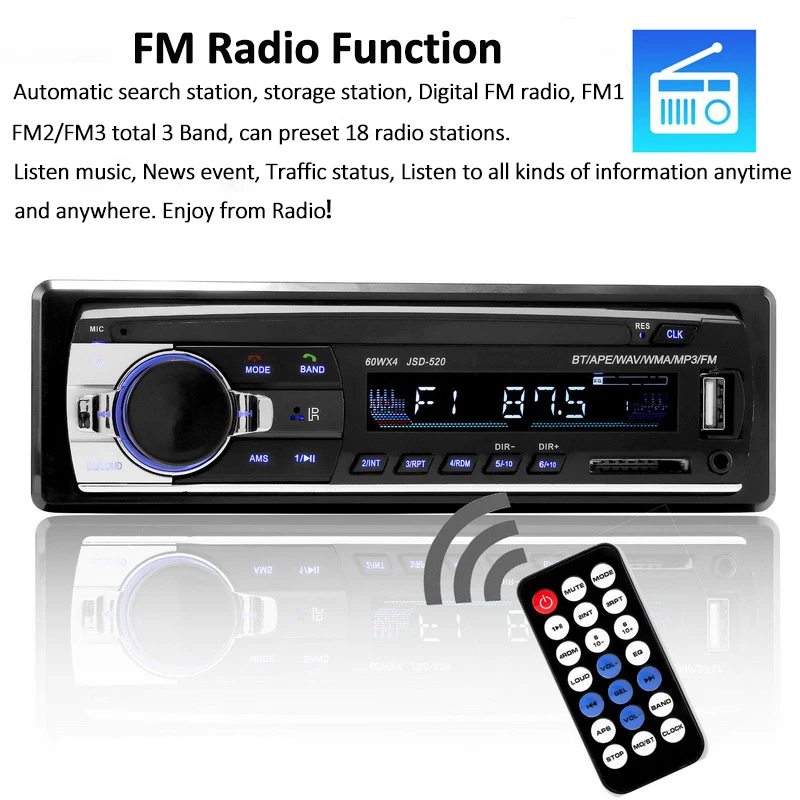 ISO autoradio1din12V 520Car Radio MP3 Audio Player Поддержка функции Bluetooth USB / SD Порт MMC aux inpu Автомобильный In-Dash с дистанционным управлением