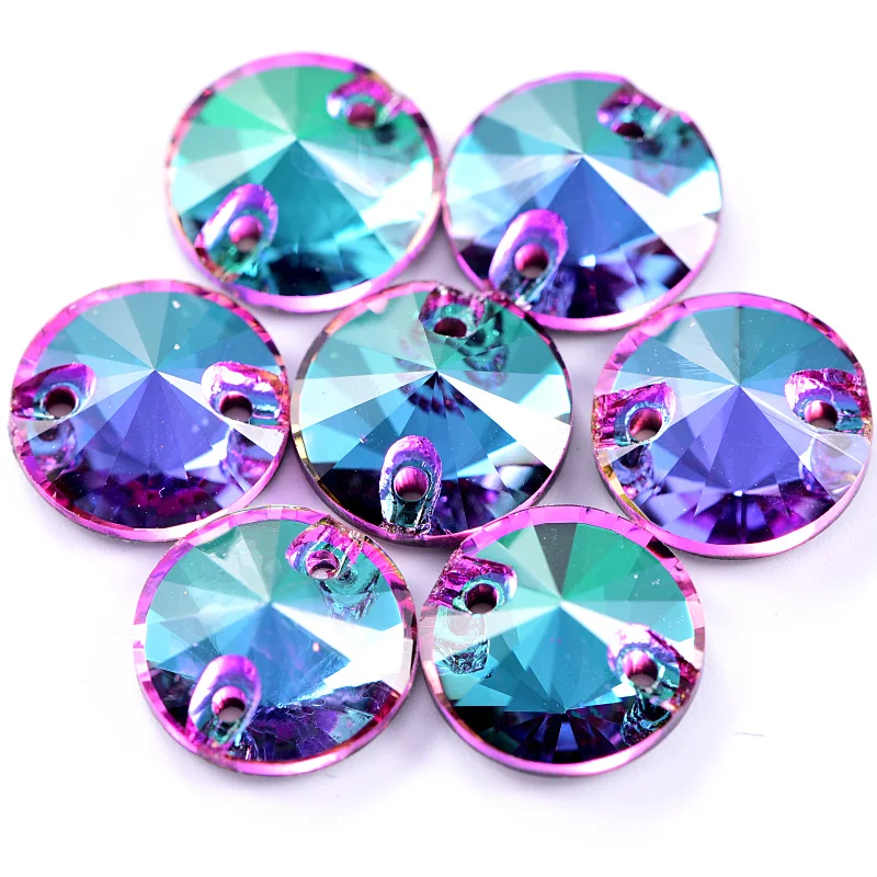 

AAAAA Quality 40pcs 12mm Heliotrope Round Rivoli Glass Sew On Rhinestones Crystal Sewing Strass for DIY Wedding Dress B1246
