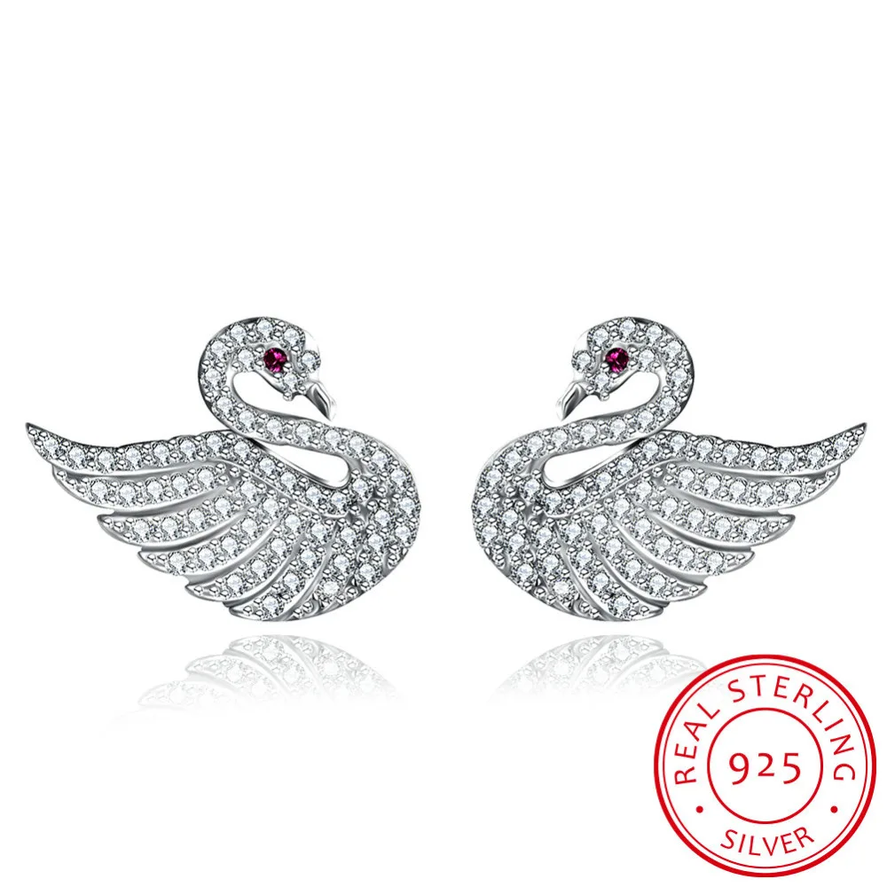 

There is silver certificate!Real Pure 925 Sterling Silver stud earrings for women Zircon swan earing fashion jewelry femme E061