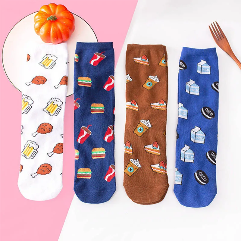 

women Socks Funny Cute Cartoon food snack milk Beer cake Donuts Food Happy Japanese Harajuku skateboard Socks