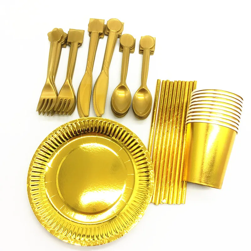 

60pcs/lot gold plates cups straws forks wedding birthday party decorations gold disposable cups straws plates spoons knives