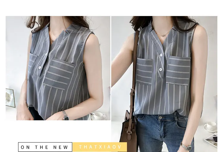 2018 Summer Womens Tops And Blouses Plus Size Striped Shirts Ladies Pocket Chiffon Blouse Casual Sleeveless Blusas Mujer M-4XL (2)