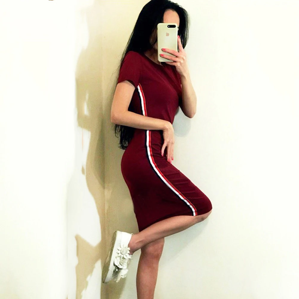 

Side Striped Pencil Shirt Dress Women Bodycon Slim Fit Round-Neck Short Sleeves White Sexy Robe Summer Beach Elegant Wrap Dress