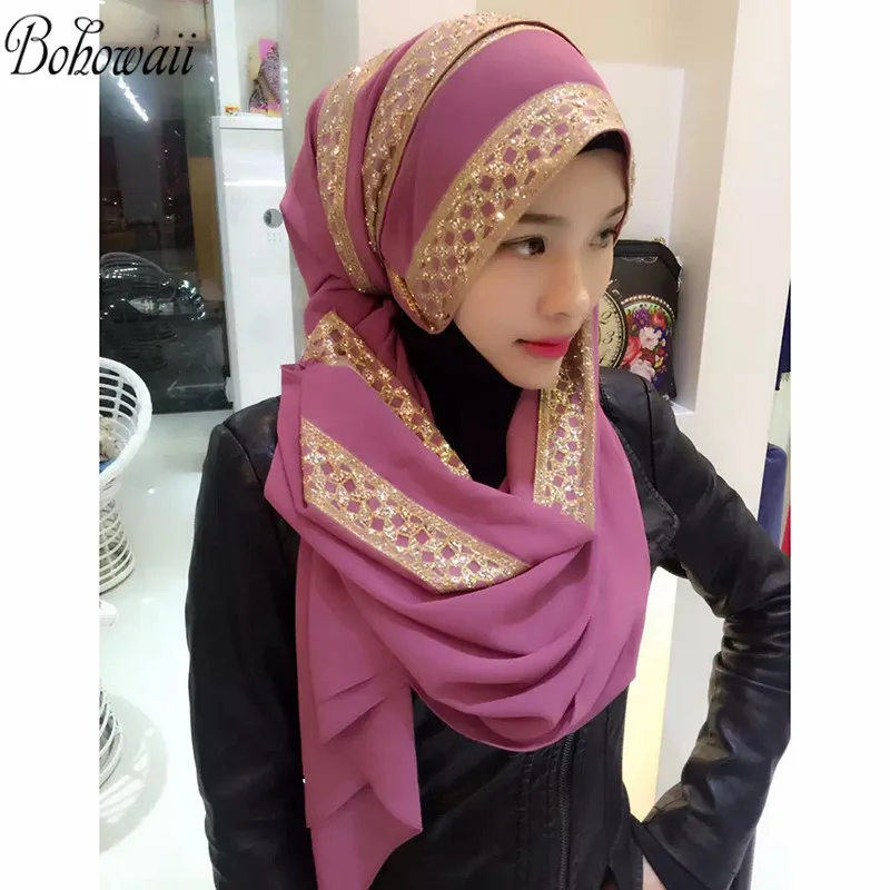 

BOHOWAII Muslim Head Scarf Women Soft Comfortable Long Hijabs Islamic Chiffon Sequins Beautiful Abaya Turbante