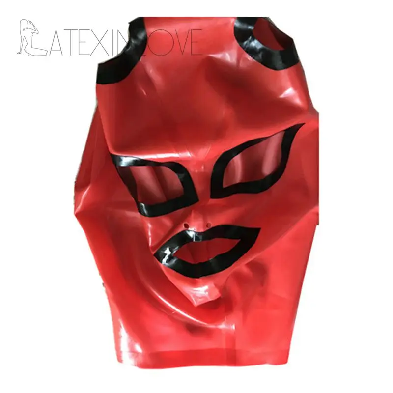 Sexy-Red Latex-Hood-Mask-Fetish-Pull-through-Holes-For-Hair-Open-Black-Eyes-Mouth-Trim -1