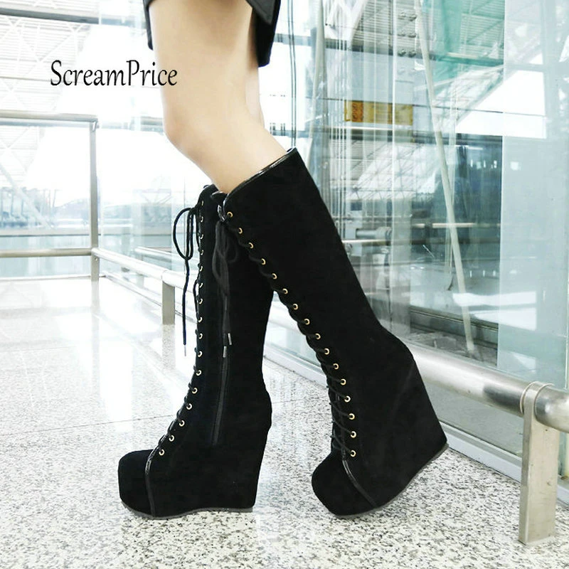 Black suede wedge knee high boots Clearance
