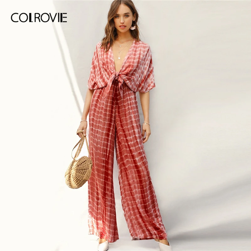 COLROVIE Rust Plunging Neck Knot Front Tie Dye Palazzo Jumpsuit Women ...