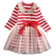 Новинка; милое Полосатое платье с пачкой из сетки для маленьких девочек; платье принцессы с длинными рукавами и бантом; праздничное платье для дня рождения; детское рождественское платье