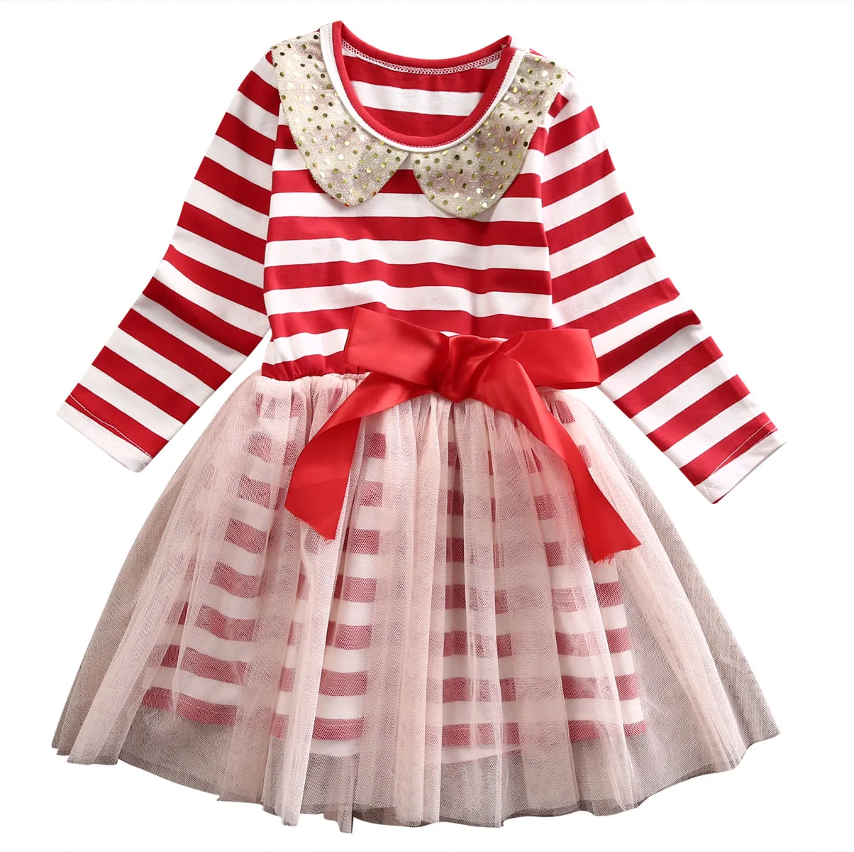 

New Sweet Girls Toddler Baby Striped Mesh Tutu Dress Long Sleeve Bowknot Princess Party Birthday Pageant Kids Christmas Dresses