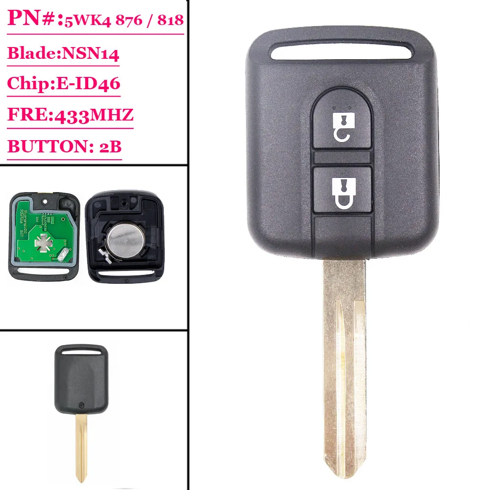 Бесплатная доставка (1 шт.) отличное качество 2 кнопки дистанционного передатчик брелок 2 кнопки 433 мГц ID46 для Nissan X-trail Navara Micr