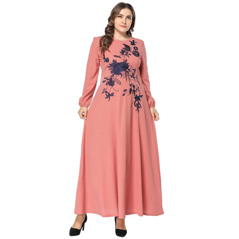 Женское платье макси с высокой талией размера плюс 2 вида цветов, Осеннее длинное платье с длинным рукавом и цветочной вышивкой на молнии, Vestido Robe 3XL 4XL