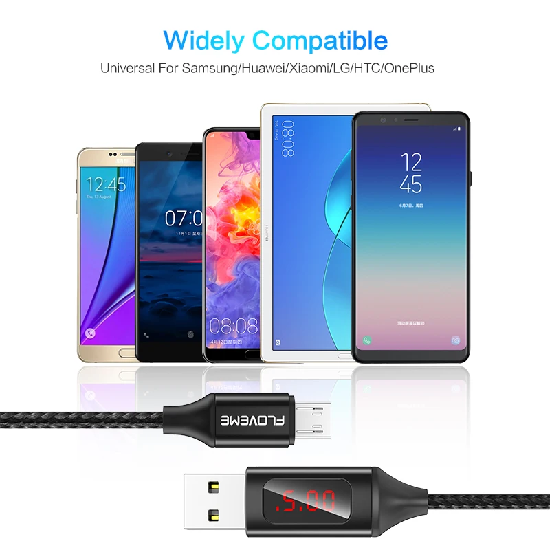 FLOVEME LED Digital Micro USB Cable Type-C Charger V/A Display Charge Data Braided Cable For Samsung Xiaomi USB-C Cable Cargador