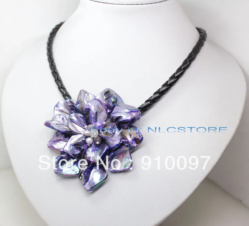 

free shipping >>>purple mother of pearl shell weave flower pendant necklace 18"