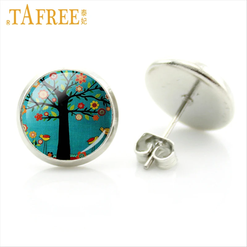 TAFREE A Big Tree Picture Stud Earrings on the pink background Vintage Flower earring Wintersweet Cherry Blossom jewlery A765|stud earrings|earring