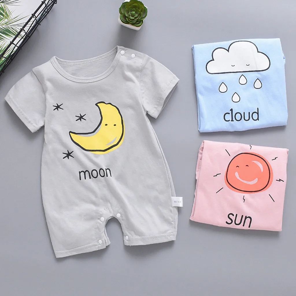 

Hot Sale Brand Newborn Baby Boy Girl Short Sleeve Jumpsuit Sun Cloud Moon Print Rompers Outfit Sunsuit Short sleeve