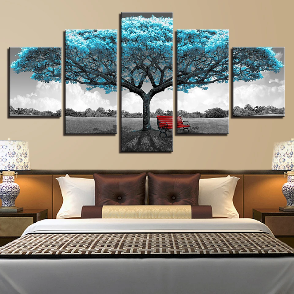 Hd Печать холст живопись палка на стене для гостиной 5 панель большие синие деревья и красные стулья домашний декор Модульная картина