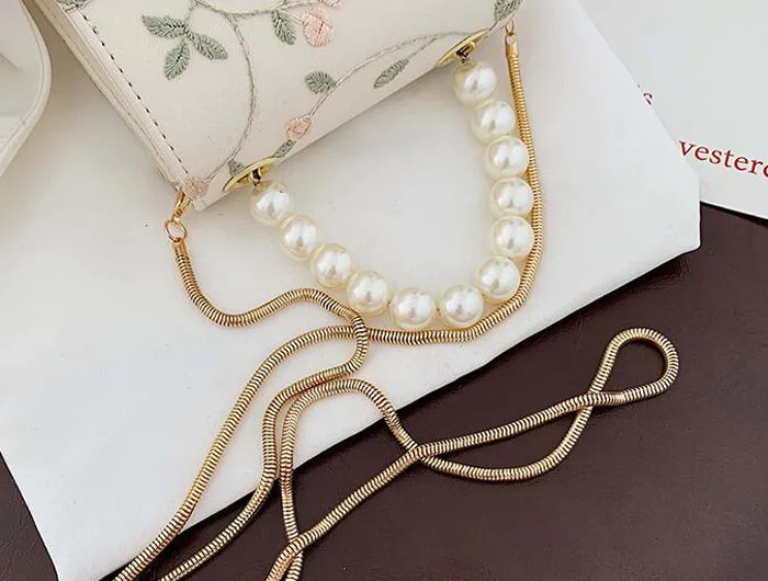 Hot Floral Embroidery Handbag Purse Handbag Pearl Chain Tote Bag Leather Messenger Bags Crossbody Clutch Bag