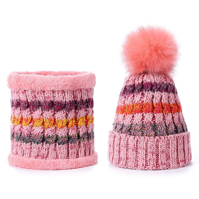 Новая женская теплая зимняя шапка, мягкая шапка с меховой подкладкой, теплый шарф для шеи, толстая полосатая цветная вязаная шапка, модная кепка с помпонами для девочек - Цвет: Pink Set