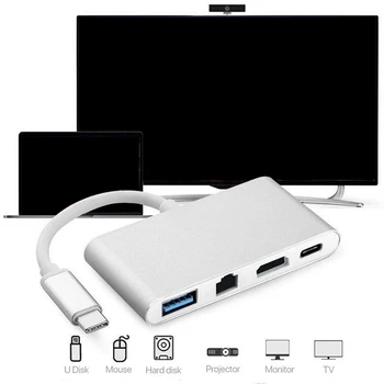 

4 IN 1 Type-C to HDMI 4K+RJ45 Gigabit Ethernet USB 3.1 Type C HUB Adapter Splitter USB C For Macbook AIR HDTV Chromebook Pixel