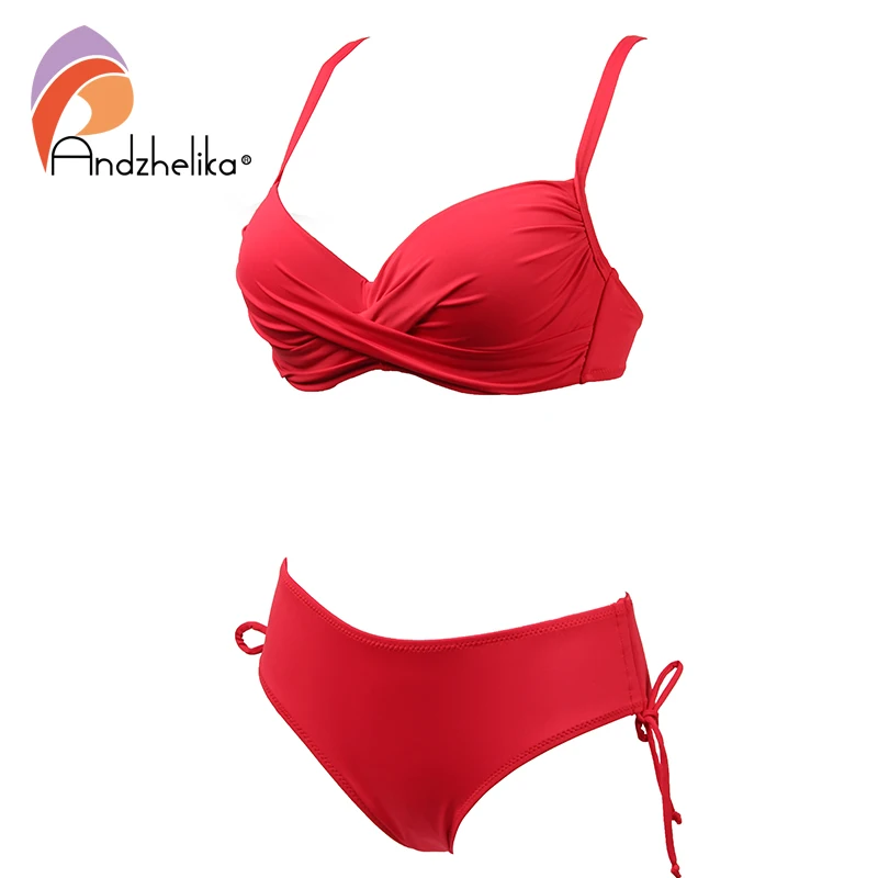 Andzhelika 2018 Plus Size Bikini Set Solid Swimsuit Halter Bikini Summer Beach Wear Cross Straps Swimwear Mid Waist Bathing Suit