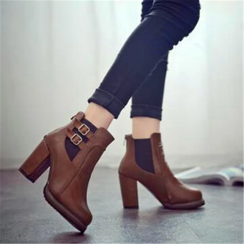 

2019 spring and autumn and winter new retro thick with belt buckle high heel elastic women's booties