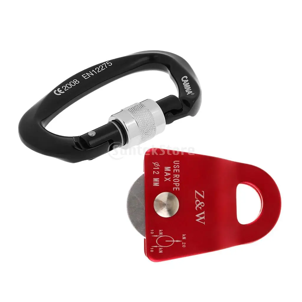 Outdoor Rock Climbing 20KN Mobile Pulley for 12mm Rope + 25KN D-ring Screw Lock Carabiner