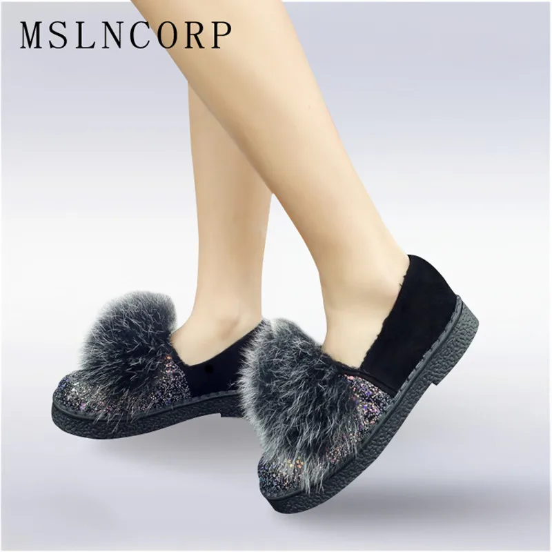 

Plus Size 34-45 New Women Shoes Winter Real Rabbit Fur Bling Platform Flats Warm Loafers Ladies Shoes Slip On Autumn ballerines