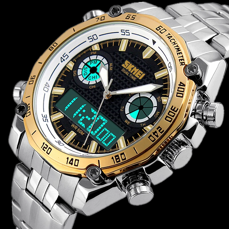 Prix pour 2016 Marque SKMEI Hommes Sport Watch Full Acier Inoxydable Mâle Étanche Quartz Numérique Double Affichage Montres Relogio Masculino Prix pour 2016 Marque SKMEI Hommes Sport Watch Full Acier Inoxydable Mâle Étanche Quartz Numérique Double Affichage Montres Relogio Masculino