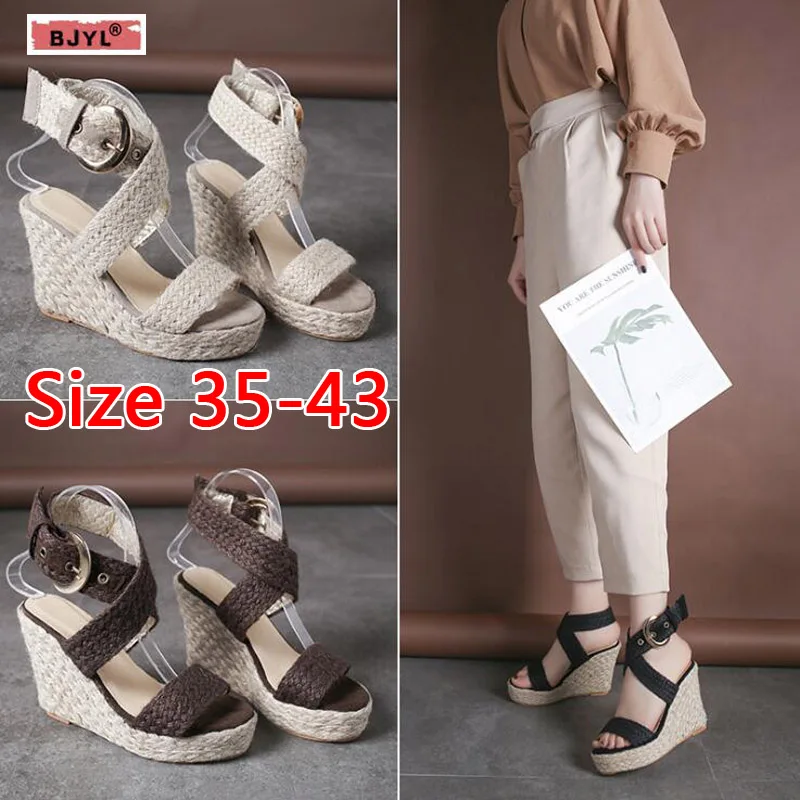 

BJYL platform sandals Gladiator 2019 new plus-size sandals with open-toe, hand-weaved high-heel wedges shoes and bags to match