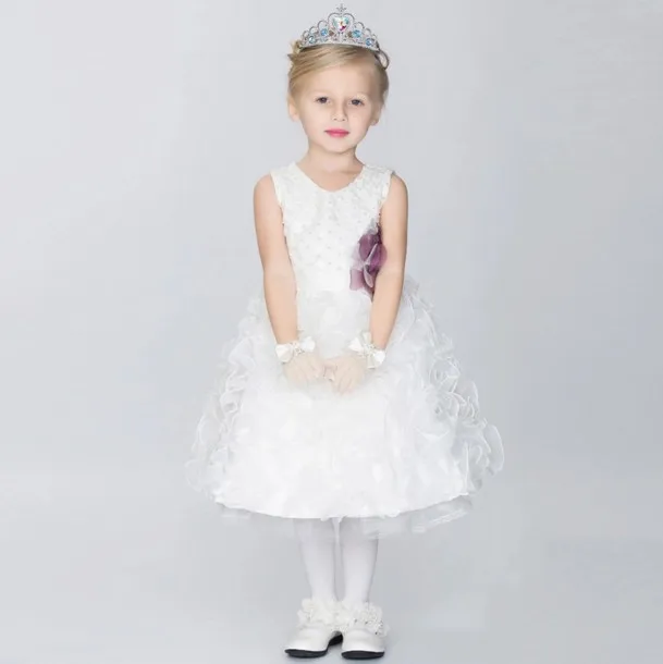 Pure White Wedding Party Flower Girls Dress Purple 3D Flowers Pearls Upper Body Lace Hem Custom