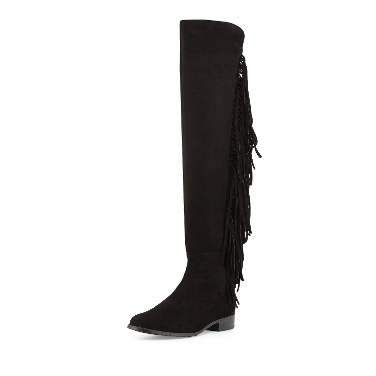 

Inisastyle 2016 Round toe slip on suede leathe fringe boots yezzy Flat hoof heels knee high riding equestrian boots big size15
