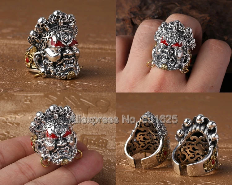 

100% Real 925 Sterling Silver 35mm Vintage Chinese Skull Amulet Ring Open S925 Solid Thai Silver Rings Retro Punk Jewelry