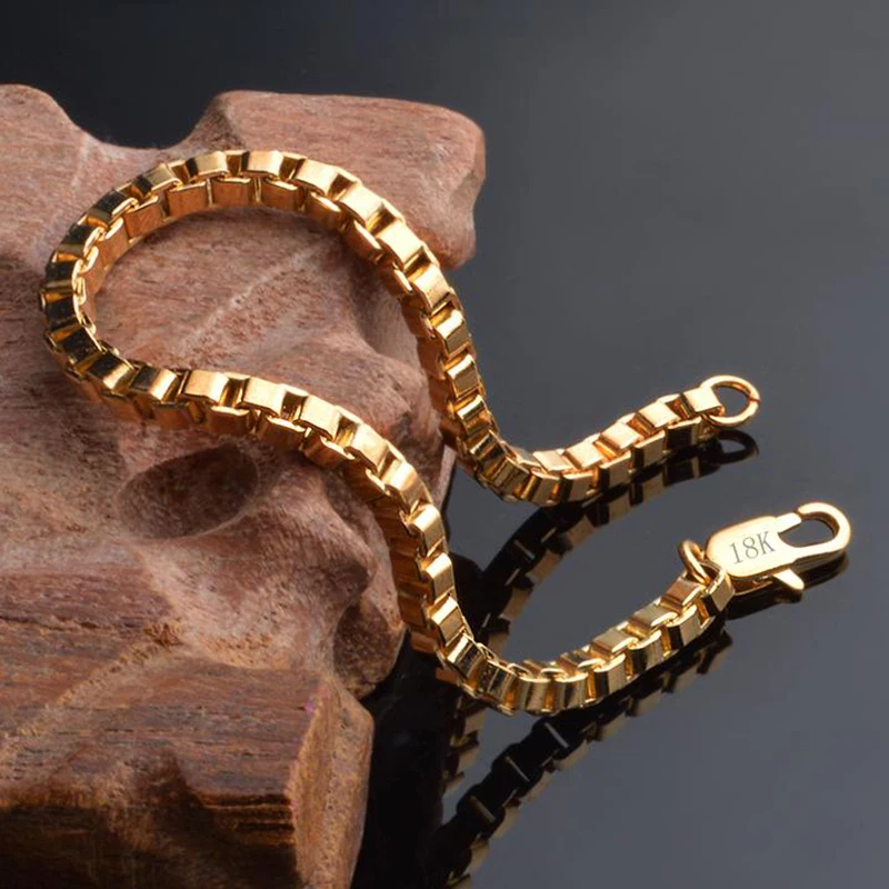 

New Gold 4MM Box Chain Bracelet Charm Checkered Creative Women Men Cute Nice Bracelets Fashion Jewelry Pulseras Mujer Armband