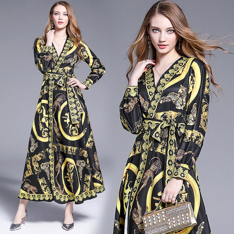 

2019 Summer Fall Runway Floral Baroque Leopard Print V Neck Sashes Long Sleeve Empire Waist Women Party Casual A-Line Robe Dress