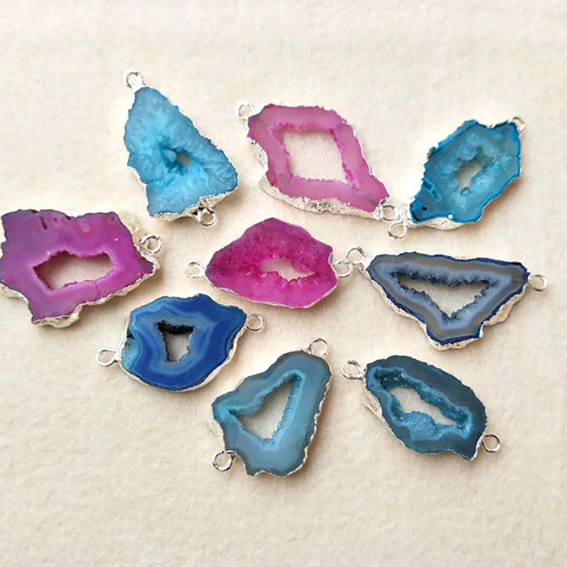 

10pcs Dyed Colors Natural Druzy Drusy Agat e Geode Slice Connector Silver Plated DIY Making Bracelet necklace Jewelry CT29