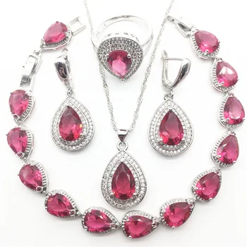 

Heart Rose Zircon Silver 925 Costume Jewelry Sets Wedding Women Bracelets Necklaces Rings Earring With Stones Set