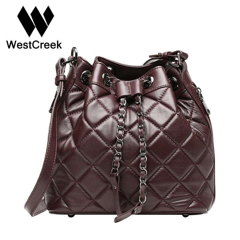 Westcreek Brand Vintage Quilted Chain Genuine Leather Sheepskin Shoulder Bucket Bag Handbags Women Bags Designer High Quality