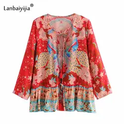 Lanbaiyijia новые Для женщин Элегантный цветочный футболка с рисунком с круглым вырезом на шнуровке с бахромой Длинные рукава кимоно блузка Для