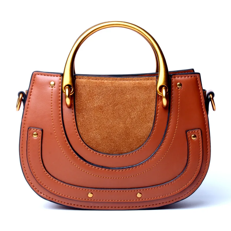 

YUFANG Wristlets Saddle Bag Womens Vintage Genuine Leather Ring Handbags Metal Handle Hand Bags Womens Messenger Bags Cowskin