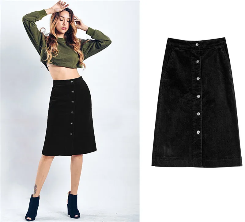 Autumn a-line skirt corduroy skirt in the long high waist slit skirt multi button pocket skirt (6)