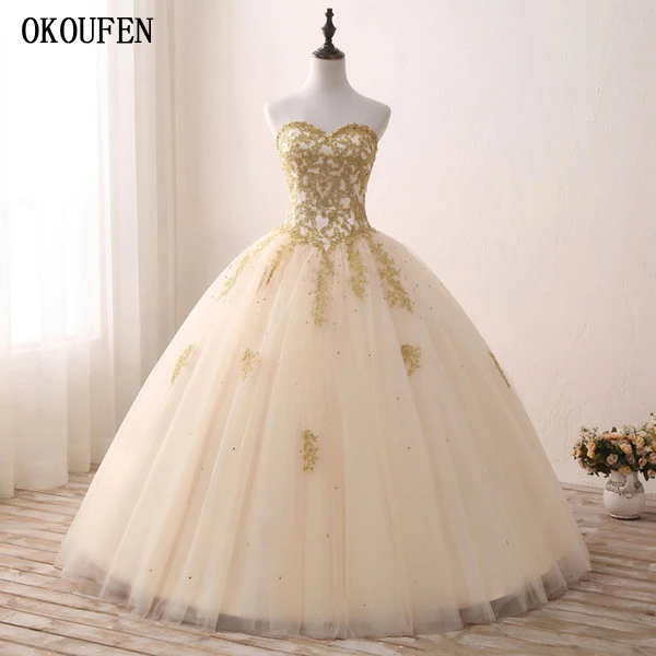 2018 Cheap Real Images Gold Appliqued Ball Gown Quinceanera Dresses Sweetheart Tulle Floor Length Sweet 16 Dresses Party Dress QQ13 副本