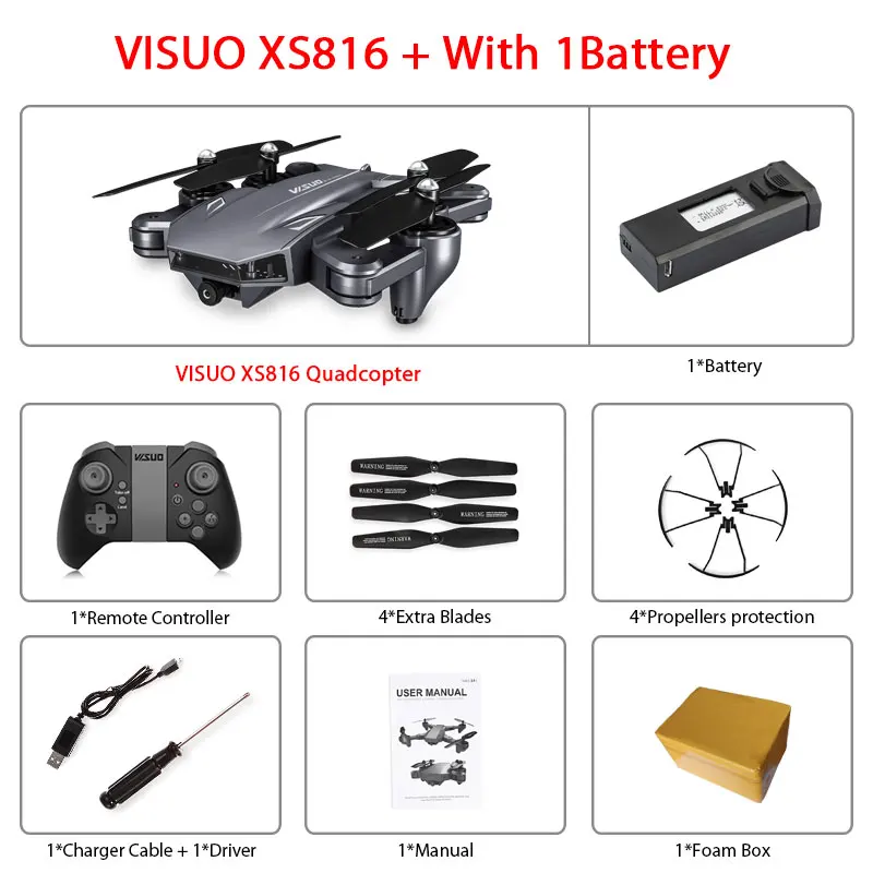 Visuo XS816 оптическое позиционирование потока Rc Квадрокоптер с двойной камерой 2mp Wifi FPV Дрон управление жестами Дрон Vs XS809HW XS809S - Цвет: XS816 1B Foam Box