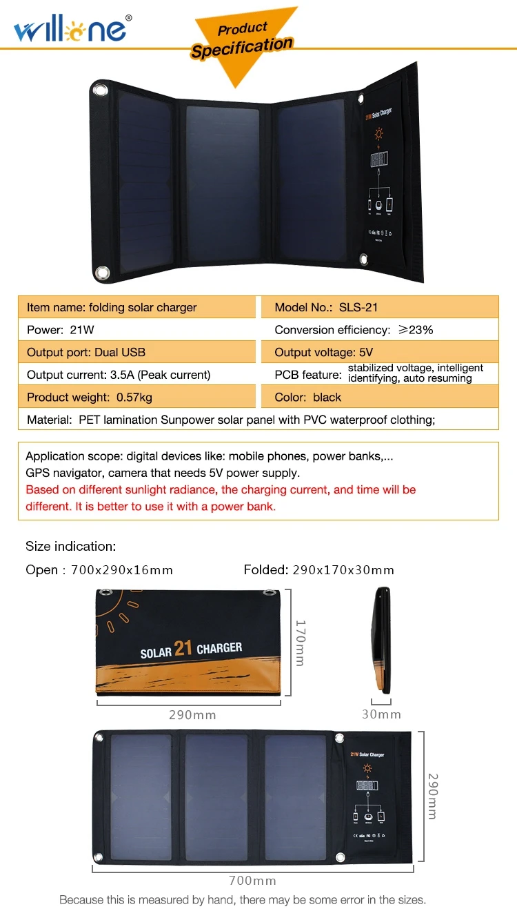 Carregador de Painel Solar com Armazenamento Willone 21 w dc Dupla Saída Usb Solar Portátil Carregador Bolsa 5 v - 18 Willone 5 V 18 V 21 W