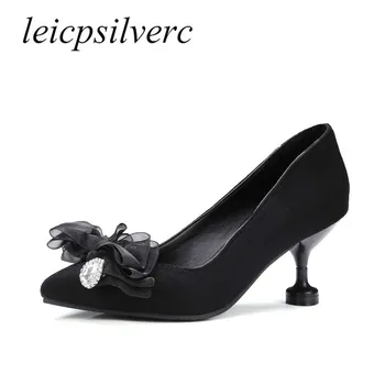 

Women Pumps High Heels Shoe Flock Pointed Toe Crystal Slip on Butterfly-knot 2019 Spring Autumn Sexy New Fashion Casual Black