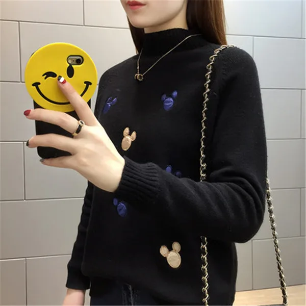 Women Knit Pullover Sweater New Autumn Winter Clothes Warm Half Turtleneck Long-sleeved Knitwear Tops Jumper Female AA372 - Цвет: black