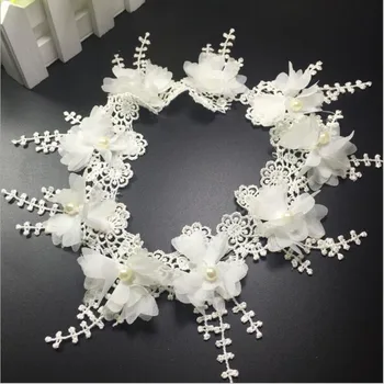 

20 Yards/Lot 7cm Off White 3D Chiffon Rose Lace Fabric Flower with Pearl Wedding Decoration Fringe Lace Trim DIY Craft